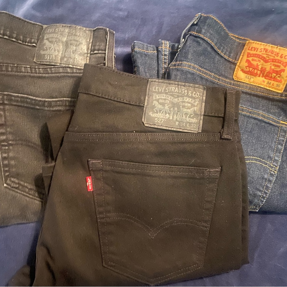 Levi's Men's Jeans in Black, Light Black and Blue 34x30 3 pairs